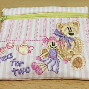 Kinder Gestickte Geldbörse Tee für zwei Teddybär pink Candy Streifen Geld geld Ec-Karte Geldbörse mit Handgelenk Gurt Mädchen Kindertasche