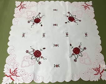 Dark Red Burgundy Green floral embroidered tablecloth, White base fabric, Scalloped edge finish, ruby wedding tea cloth, kitchen dining