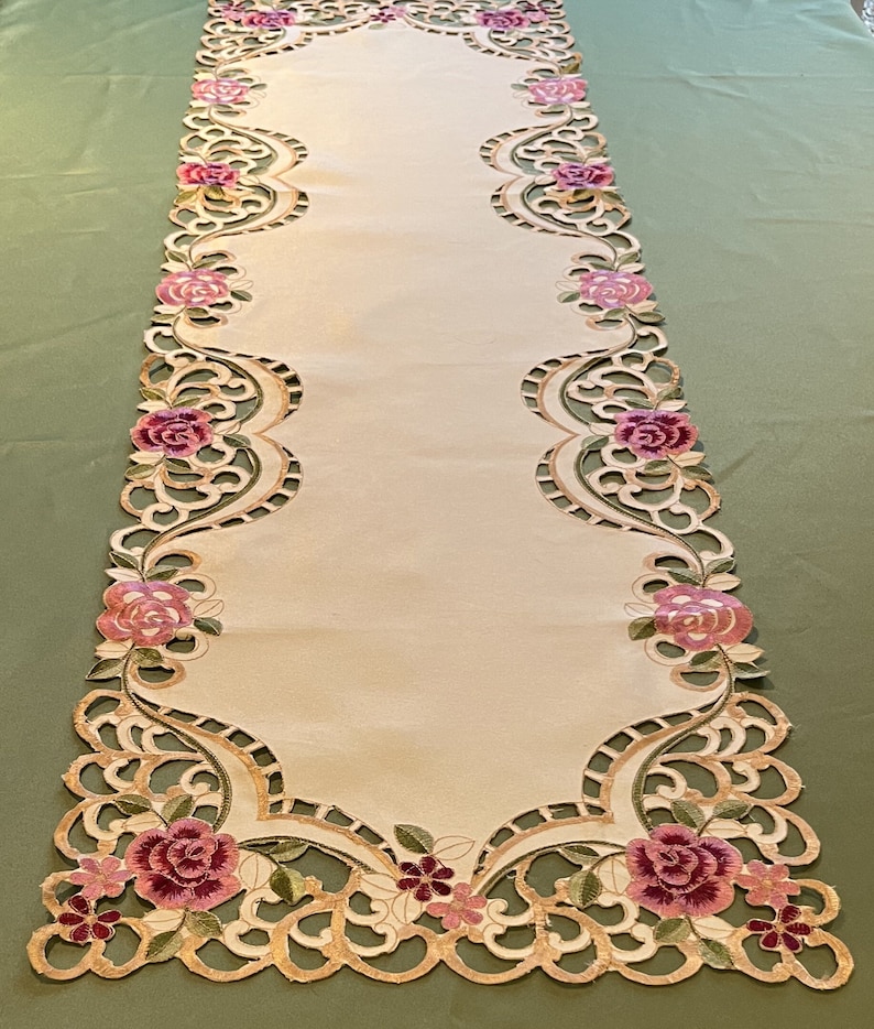 Pink Green Gold Rose Floral Embroidery Oblong Table Runner Cutwork ...