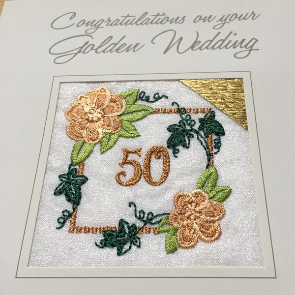 Brodée Golden Wedding Anniversary Card Handmade 50 years Celebration Jubilee Fifty Ekard UK Made 50th Broderie