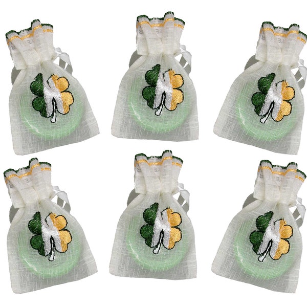 Pack of 6 Irish Tricolour Wedding Favour Bags filled with 30g Shamrock embossed Guest Soap