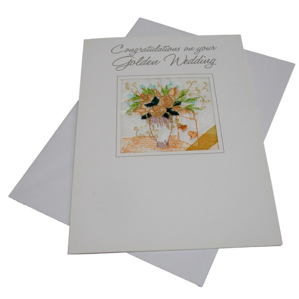 Brodée Golden Wedding Anniversary Card Handmade 50 years Celebration Jubilee Fifty Ekard UK Made 50th Broderie