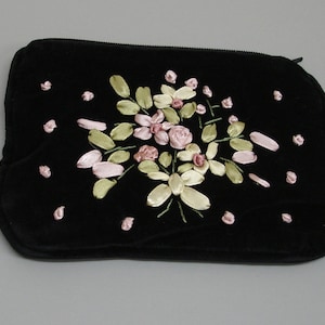 Nouveau sac à main en velours noir brodé à la main pochette pour cartes de crédit décoration de ruban doublé de coton zippé papillon RP20