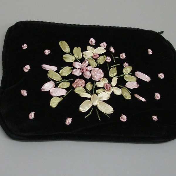 New Black Velvet Hand Embroidered Purse Credit Card Pouch Case Ribbon Decoration Cotton Lined Zipped Butterfly RP20