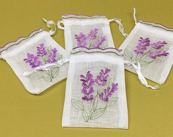 8 Lilas violet Lavande anglaise Cordon de serrage Brodé Sacs effet lin organza tissu mariage faveur translucide pure