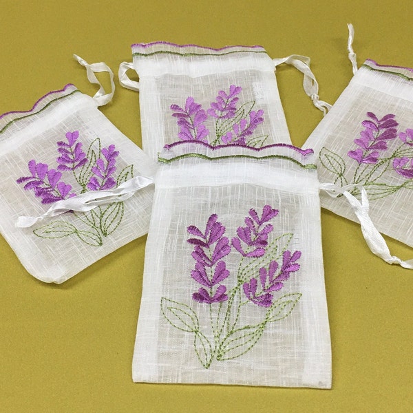 12 Lilas violet Lavande anglaise Cordon de serrage Brodé Sacs effet lin organza tissu mariage faveur translucide pur