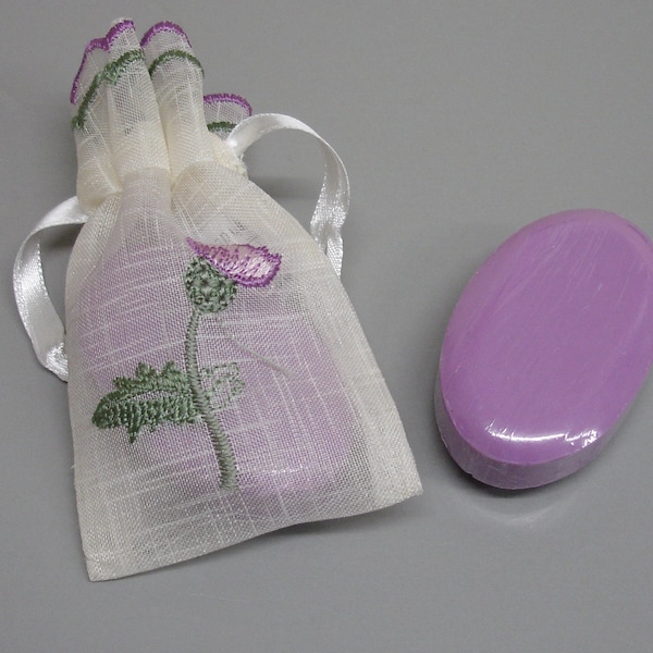 Scottish Thistle Embroidered Organza Linen weave effect Drawstring Bag with 1 x 30g Purple Scented Guest Soap Wedding Favour Gift