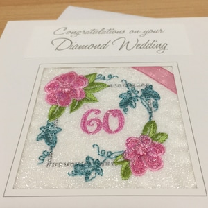 Carte d’anniversaire de mariage en diamant brodée faite à la main au Royaume-Uni Soixante 60 ans Célébration Jubilé
