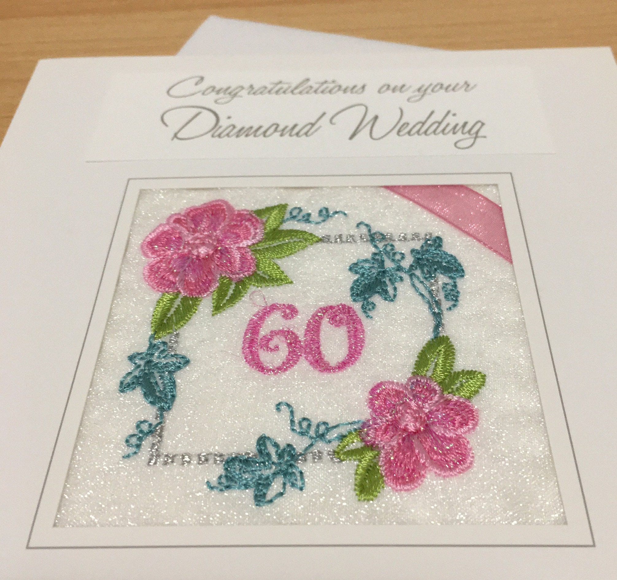 Embroidered Diamond Wedding Anniversary Card Handmade in UK - Etsy