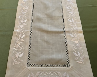 Ivory White Linen Look Embroidered Table Runner Kitchen Dining 38cm x 135cm 15&quot; x 52&quot;  15% Natural Linen Double thickness border