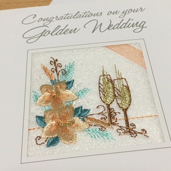 Brodée Golden Wedding Anniversary Card Handmade 50 years Celebration Jubilee Fifty Ekard UK Made 50th Broderie