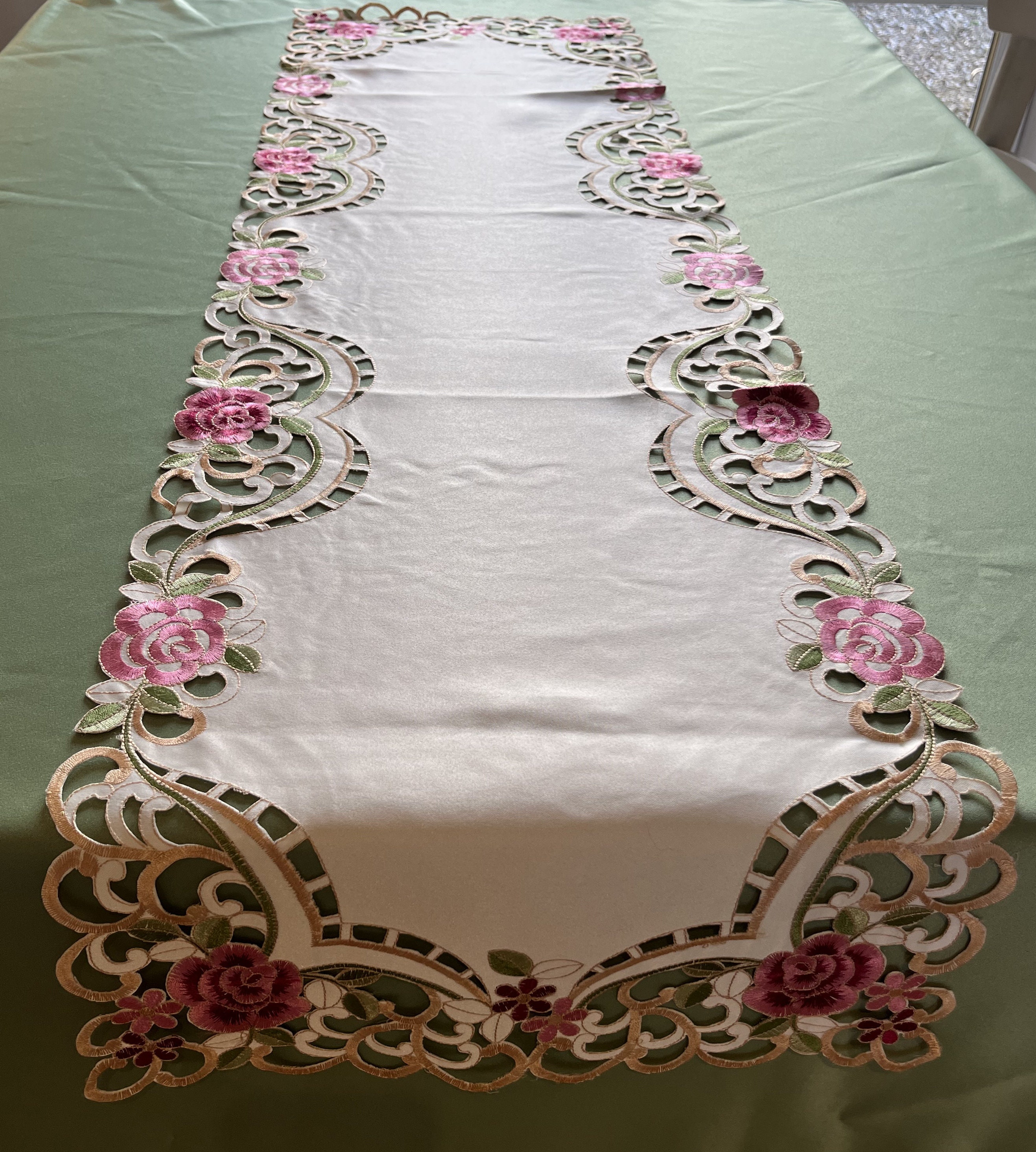 Vintage 花柄刺繍のテーブルクロス エメラルドグリーン レア Vintage 花柄刺繍のテーブルクロス エメラルドグリーン レア