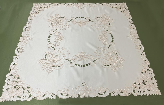 Soft Peach Cream, Embroidered cutwork Square tablecloth kitchen Dining Ivory Base Cloth Embroidery Decorative Table Cover Intricate cutwork