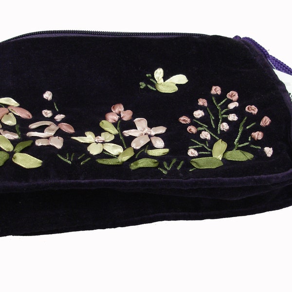 Amethyst Deep Purple Velvet Hand Embroidered Clutch Bag Credit Card Pouch Case Ribbon Decoration Cotton Lined Zipped Butterfly  RCA