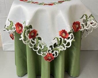 Red Poppy Embroidery Square Tablecloth Green Lilac floral scalloped edge cutwork kitchen Dining White Base Cloth