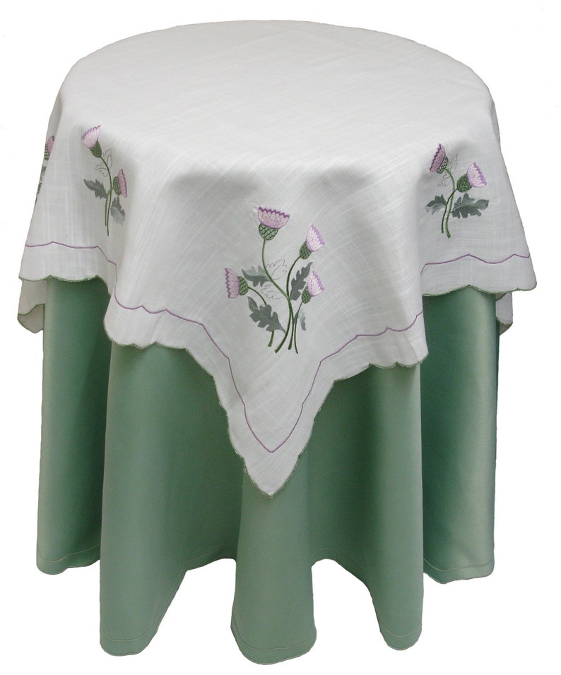 Square White /'Linen Look/' Scottish Thistle Bedside Kitchen Hall Dining Conservatory Embroidered Tablecloth TOP CLOTH ONLY