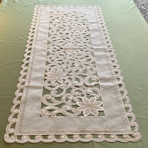 May include: A white table runner with a delicate floral lace design. The lace is a light beige color and features intricate swirls and flowers. The runner is perfect for adding a touch of elegance to any table setting.