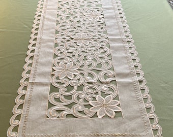 White Gold Embroidered Organza Translucent Semi Sheer Light Weight Linen Effect Oblong Table Runner Cutwork flower head kitchen Dining.