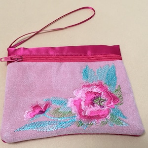 Ekard Roze Suède Rose Bloemen Geborduurde credit debit card Dames Meisjes Portemonnee zakje met polsbandje