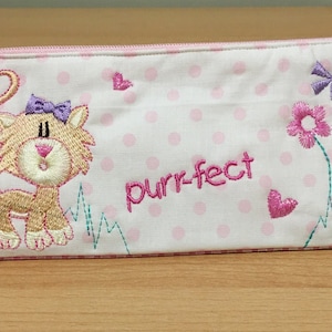 Enfants Étui à crayon brodé Pussy Cat stylos gingham roses crayons règles filles doublure imperméable blanche pour enfants