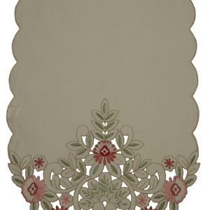 Cream Pink Green Embroidered Floral Cutwork Scalloped Edge Chair Back Covers Antimacassar, Cream Base Fabric