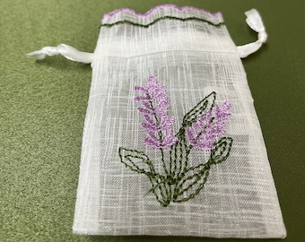 New Lavender Embroidered White Organza Semi Sheer Drawstring Ribbon Pull Lavender Buds Wedding Favour Gift Bags Garden Craft Sale of Works