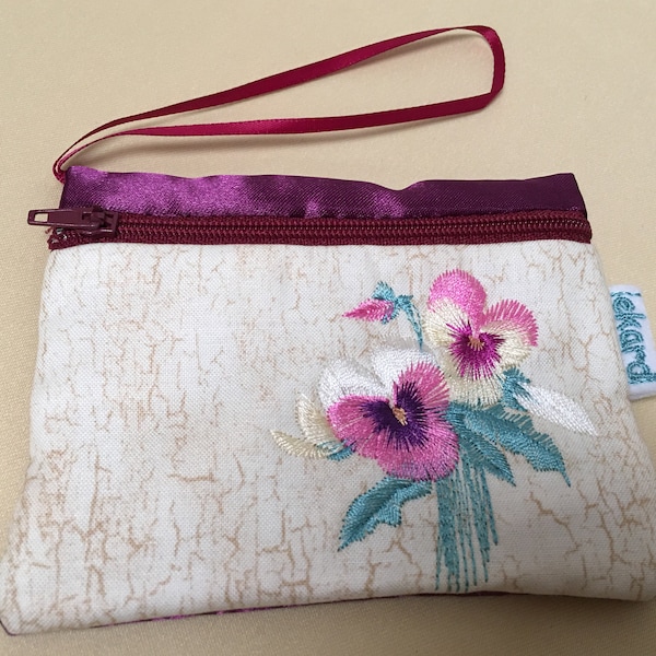 Ekard Cream Pink Purple Pansy Embroidered credit debit card Girls Ladies  Purse pouch with wrist strap