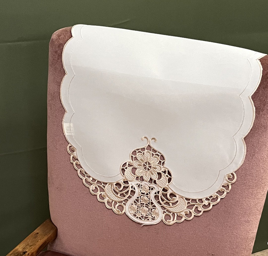 Plain Cream Embroidered Floral Cutwork Scalloped Edge Arm Chair Back Covers Antimacassar Settee