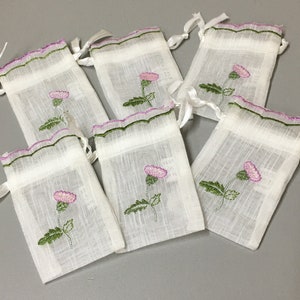 6 Scottish Thistle Embroidered Drawstring Bags Wedding Favor Scots candy tablet soap lavender gift bag Favour