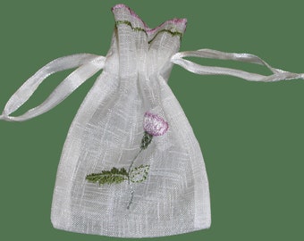 6 novos sacos de presente de casamento de organza branca bordada com cardo escocês, semi transparente, com cordão, puxador de fita, lavanda, ZC33
