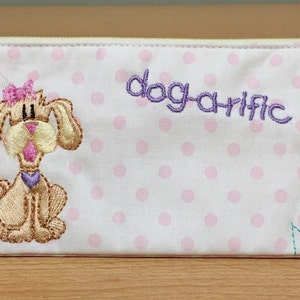 Enfants Crayon Brodé Étui Chien Puppy rose pois crayons crayons règle filles doublure imperméable blanche pour enfants