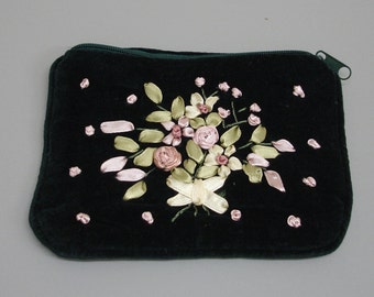 Dark Green Velvet Hand Embroidered Purse Credit Card Pouch Case Ribbon Embroidery Decoration Cotton Lined Zipped Butterfly  RP30