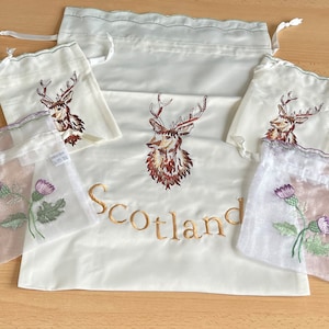 5 Embroidered Craft Drawstring Gift Bags Scottish Scotland Stag Monarch of the Glen Thistle Lavender Wedding Favour Candy  Sweet  Jewellery