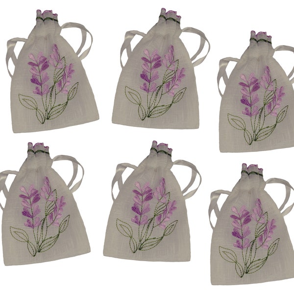 6 New Lavender Embroidered Semi Sheer Translucent Organza Linen Look Weave Drawstring Ribbon Pull Lavender Gift Bags ZL60