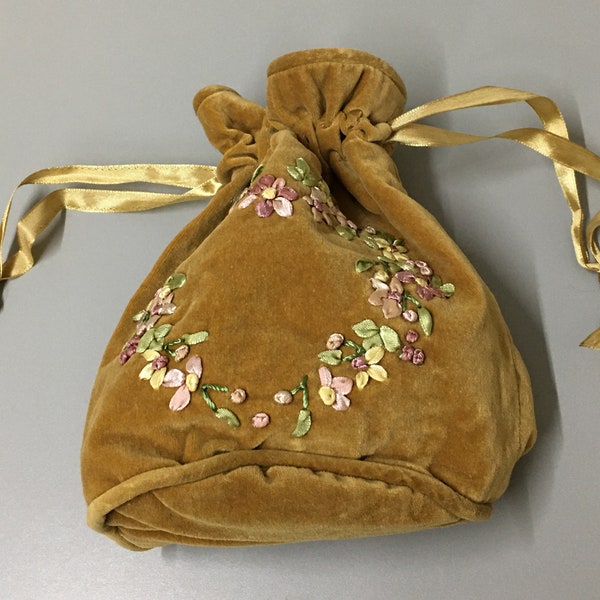 One Light Brown Velvet  Ribbon Drawstring Dorothy Bag Hand Embroidery Evening Bag