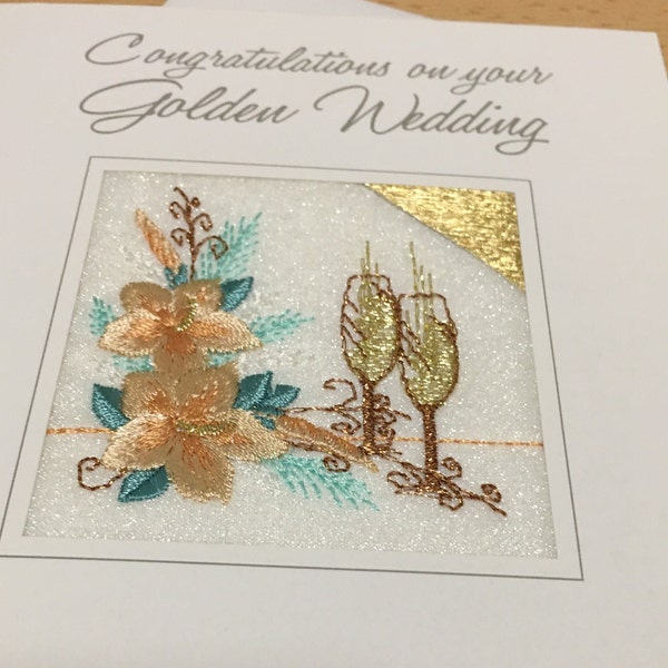 Brodée Golden Wedding Anniversary Card Handmade 50 years Celebration Jubilee Fifty Ekard UK Made 50th Broderie