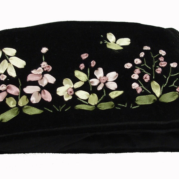 Black Velvet Hand Embroidered Clutch Bag Credit Card Pouch Case Ribbon Decoration Cotton Lined Zipped Butterfly RCA