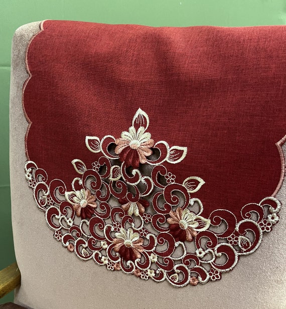 Plain Dark Red Burgundy Wine Gold Embroidered Floral Cutwork Scalloped Edge Chair Back Covers Antimacassar Head Rest Protection132 Etsy
