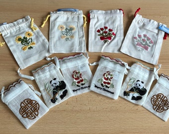Selection of 10 Embroidered Drawstring Bags Daisy Helichrysum Red Rose Panda Santa Merry Christmas Celtic Knot Lavender Wedding Favour 125