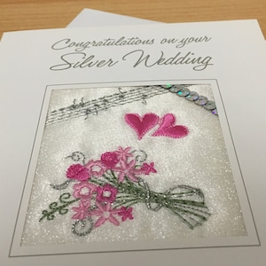Bestickte Silber Hochzeit Jubiläumskarte Handarbeit 25 Jahre Feier Twenty Five Ekard UK Made 25th Embroidery