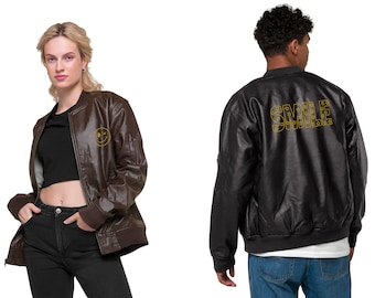Unisex Faux Leather Bomber Jacket with Embroidery: Wink Smiley Brown and Black Jacket