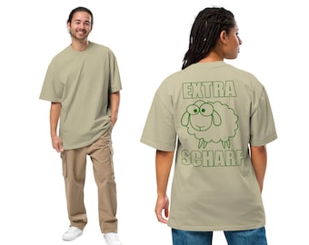 Oversized Unisex T-Shirt mit verwaschenem Look in Eucalyptus und Print: EXTRA SCHARF