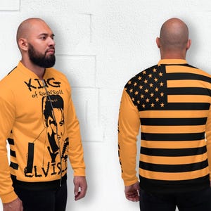 Unisex Bomber Jacket - King of rock ’n’ roll Elvis Lives - Luxurious Orange-Black USA Flag Retro College Jacket with Zipper