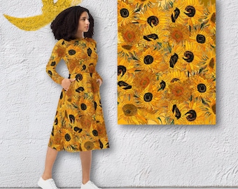 Elegant midi dress for women – yellow-brown designer dress with sunflowers, long sleeves with pockets, Van Gogh art style