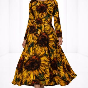 Design Sunflower Midi Dress – Yellow Brown Long Sleeve Pockets