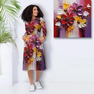 Trendsetter designer long-sleeved midi dress with side pockets - floral summer dress in art painting look - colorful floral dress