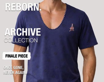 Navy Oversized Unisex T-Shirt, Deep V-Neck, Embroidered Logo, Smiley Pattern, Archive Collection, Final Piece