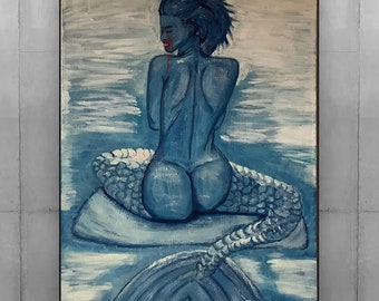 Oil painting "Mermaid Captivity" original unique hand-painted on canvas (130x75x2 cm / 51x29 inches)