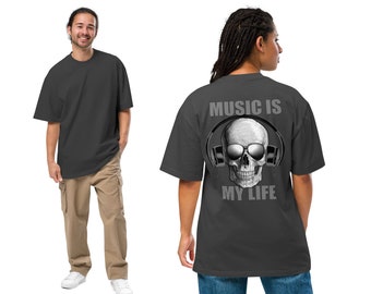 Oversized Unisex T-Shirt mit verwaschenem Look in Schwarz oder Bone mit Print: Music is me Life