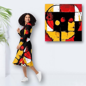 Trendsetter Designer Long Sleeve Midi Dress with Side Pockets – Elegant Black Red Yellow Dress in Art Painting Look, Colorful Summer Dress